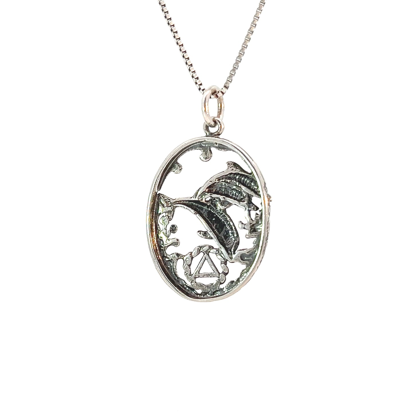 Sterling Silver AA Symbol Pendant with Dolphins in Seascape – 2.8g Hand-Finished
