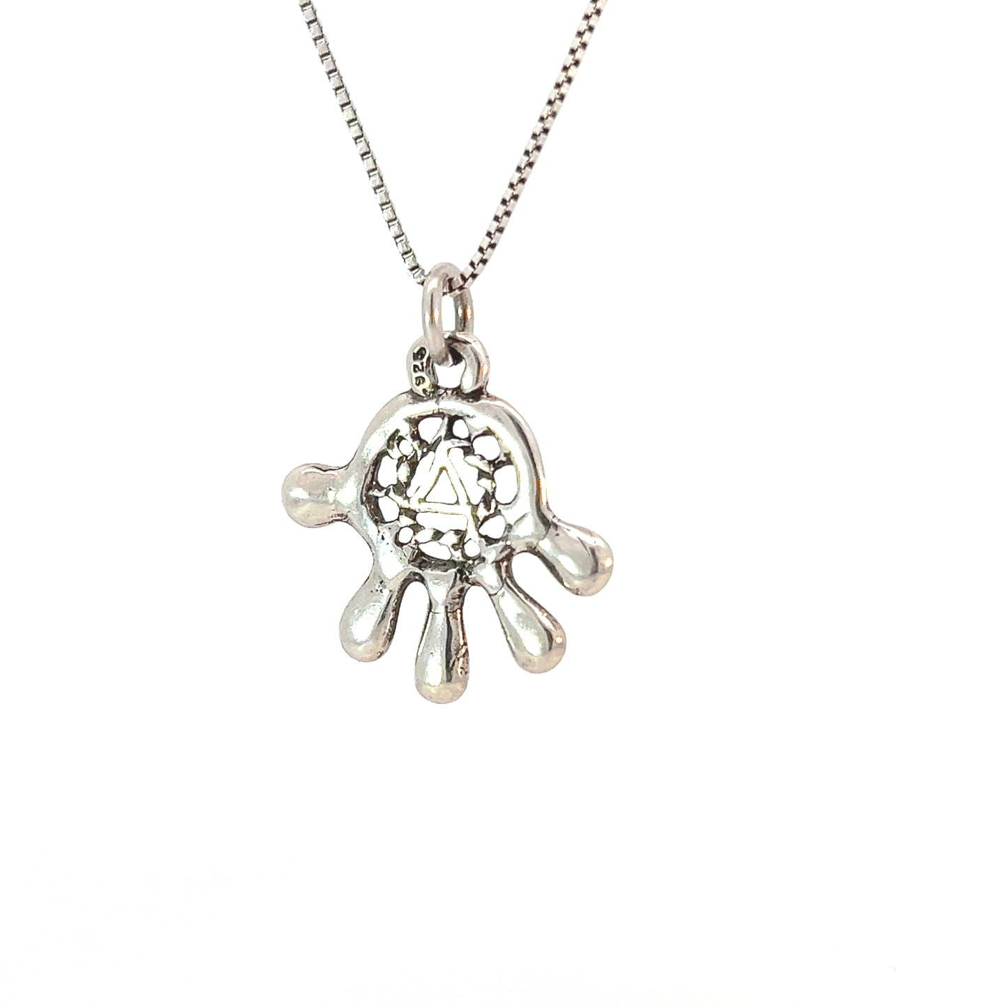 Sterling Silver Hamsa Pendant with AA Recovery Symbol – 2.5g, Hand-Finished Protection Jewelry