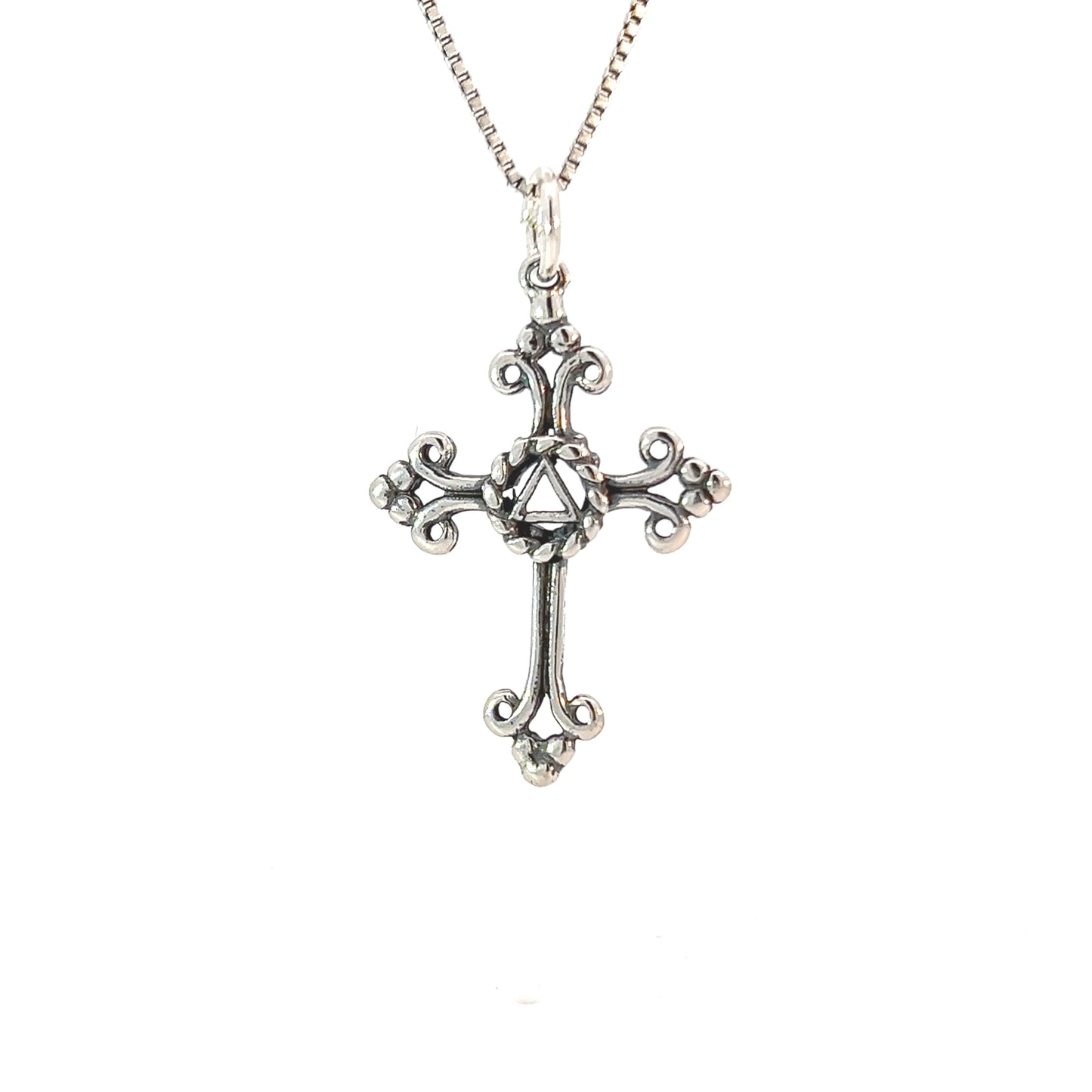 Sterling Silver Alcoholics Anonymous (AA) Symbol in an Open Cross Pendant – Medium Size