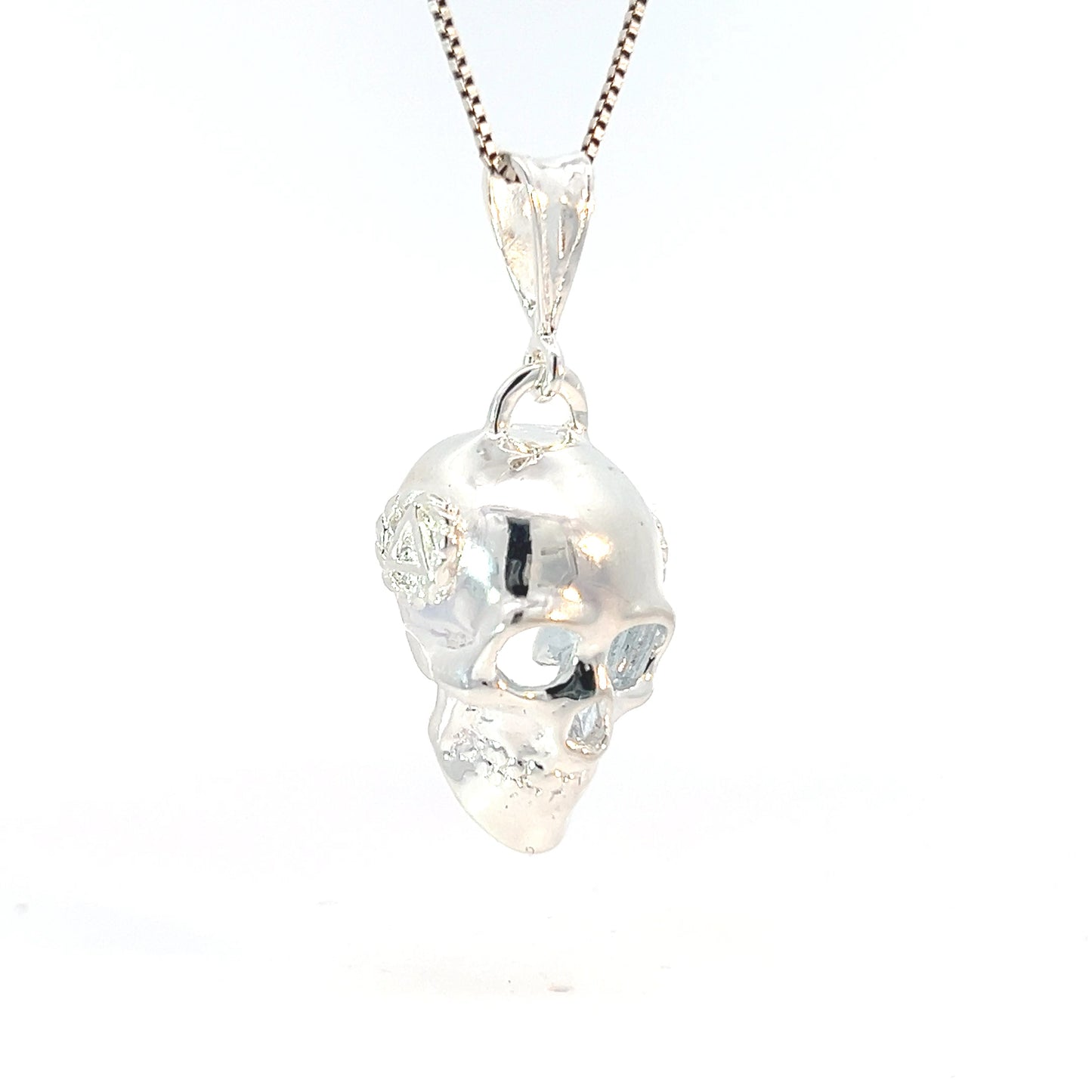 Sterling Silver 3D Skull Pendant with AA Symbol on Both Sides – Twist Wire Circle