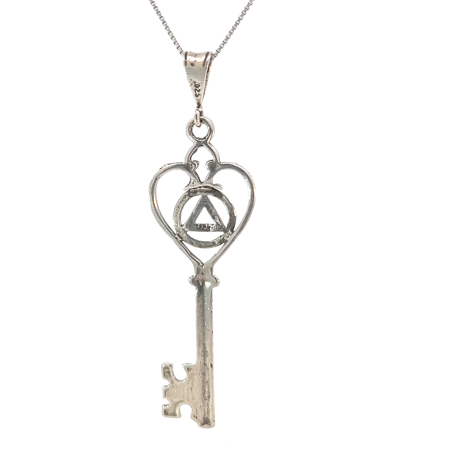 Sterling Silver AA Pendant – Heart Shaped Key Design, 5.8g, Hand-Finished Recovery Symbol