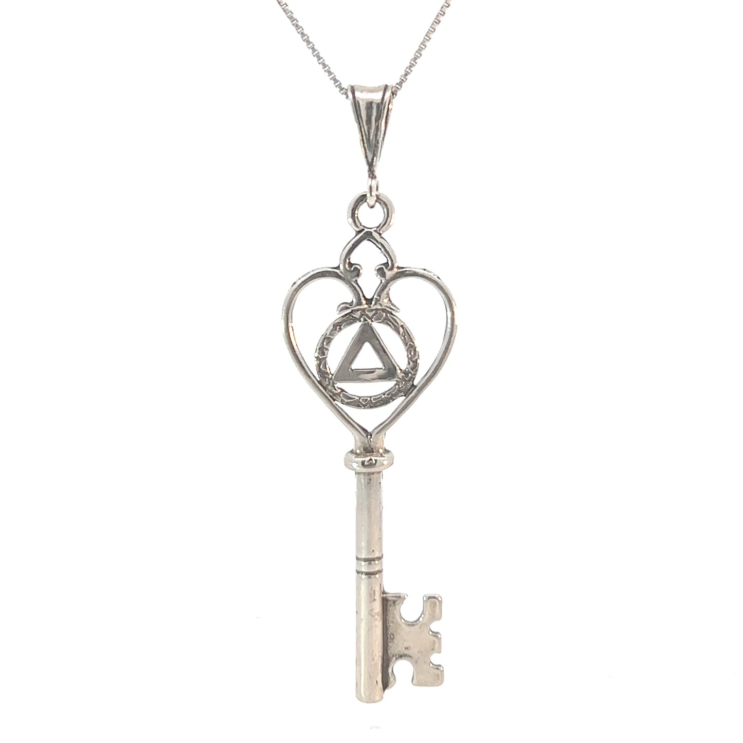 Sterling Silver AA Pendant – Heart Shaped Key Design, 5.8g, Hand-Finished Recovery Symbol
