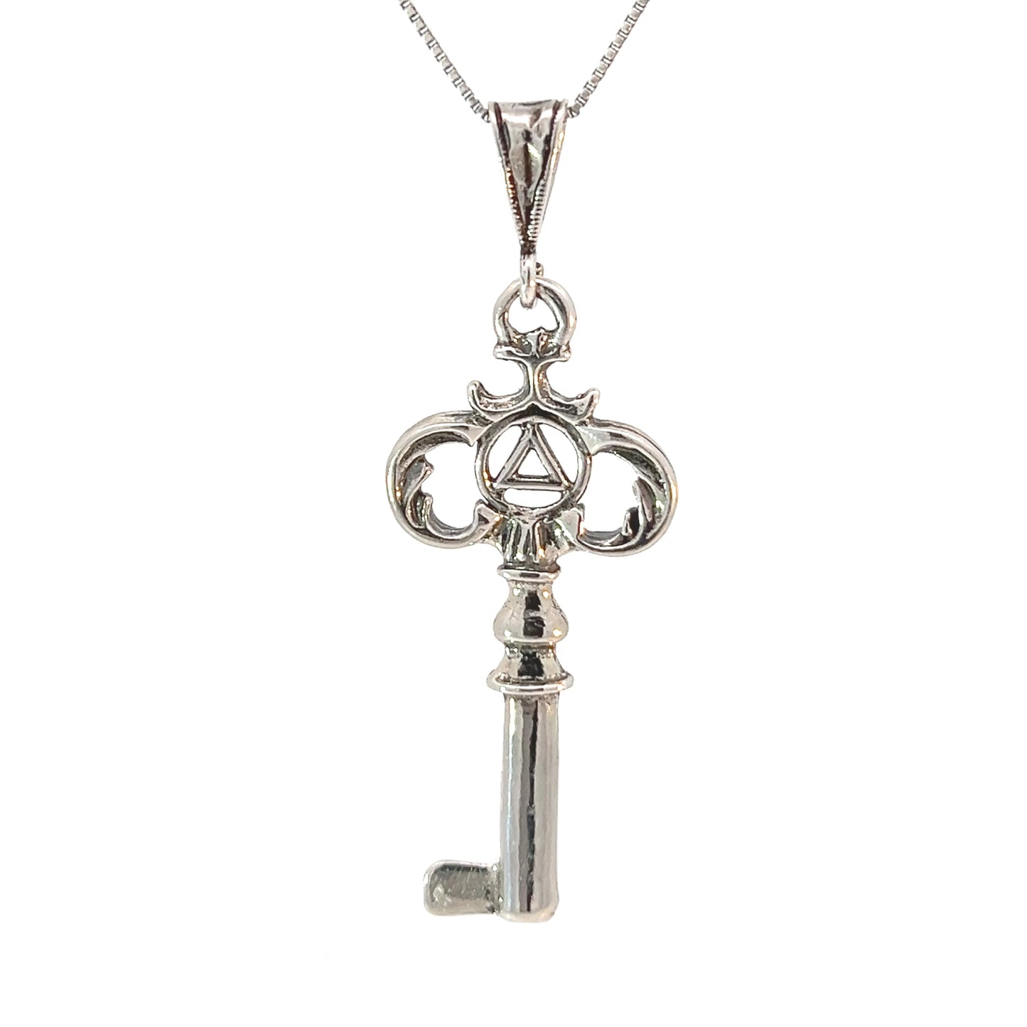 Sterling Silver Two-Sided Old Style Key Pendant with Small AA Symbol