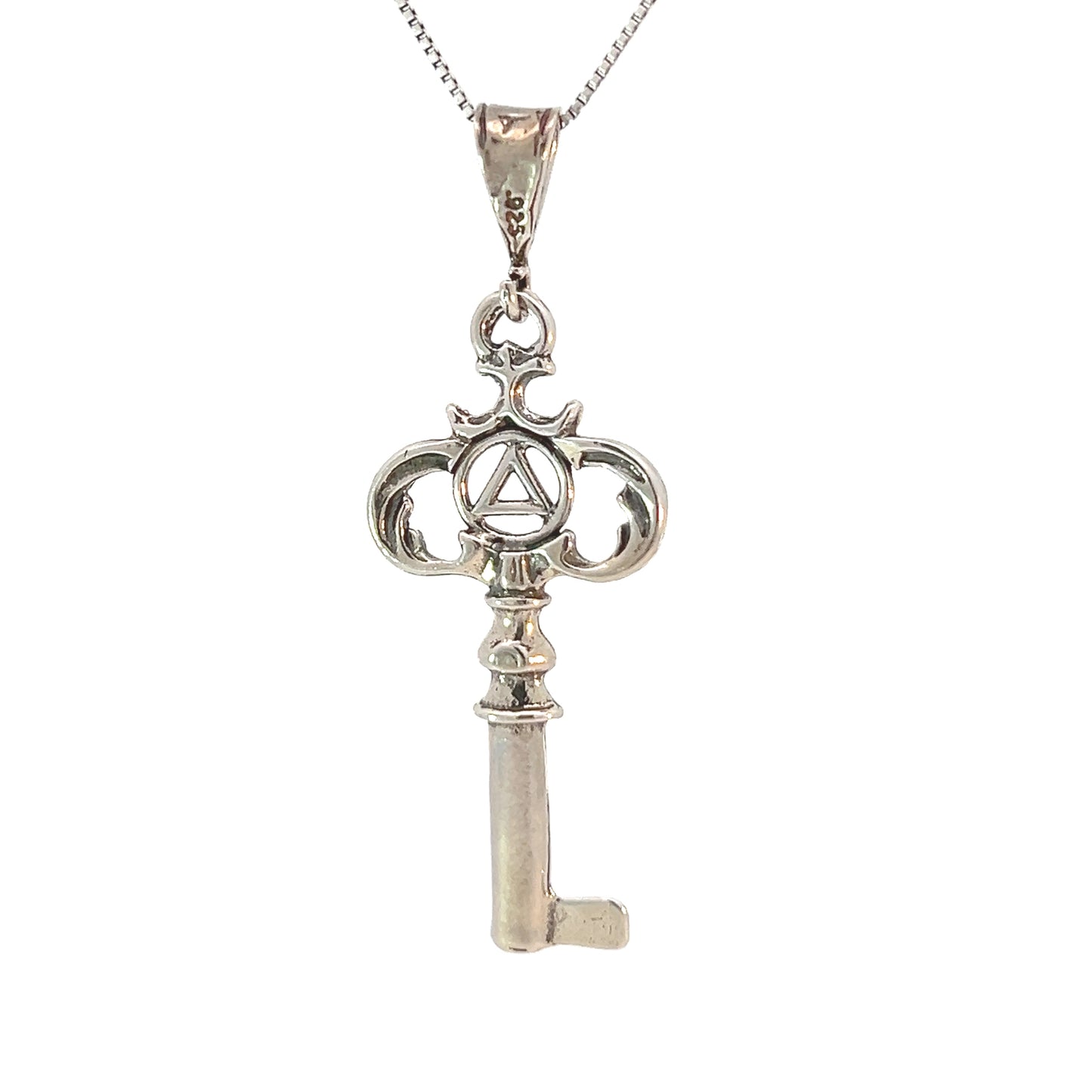 Sterling Silver Two-Sided Old Style Key Pendant with Small AA Symbol