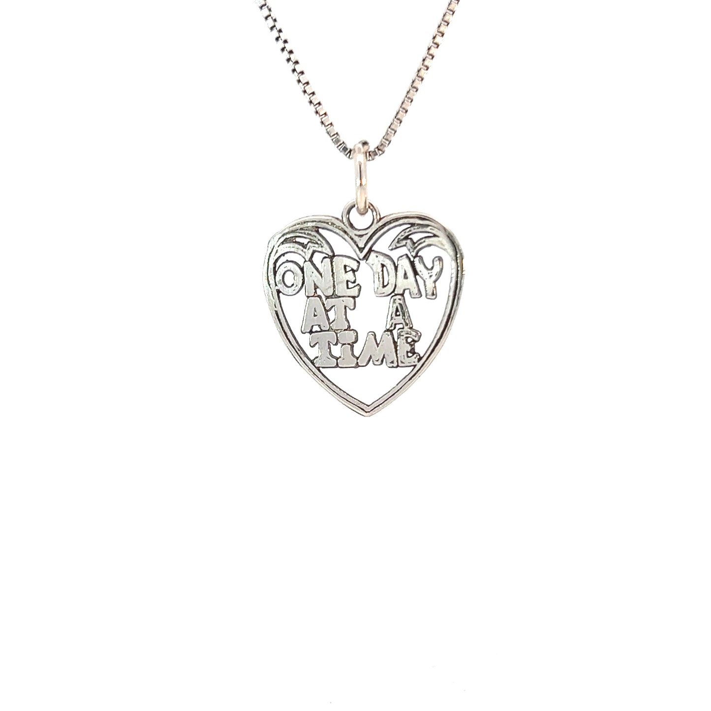 Sterling Silver, Sayings Pendant, Heart with "One Day At A Time"