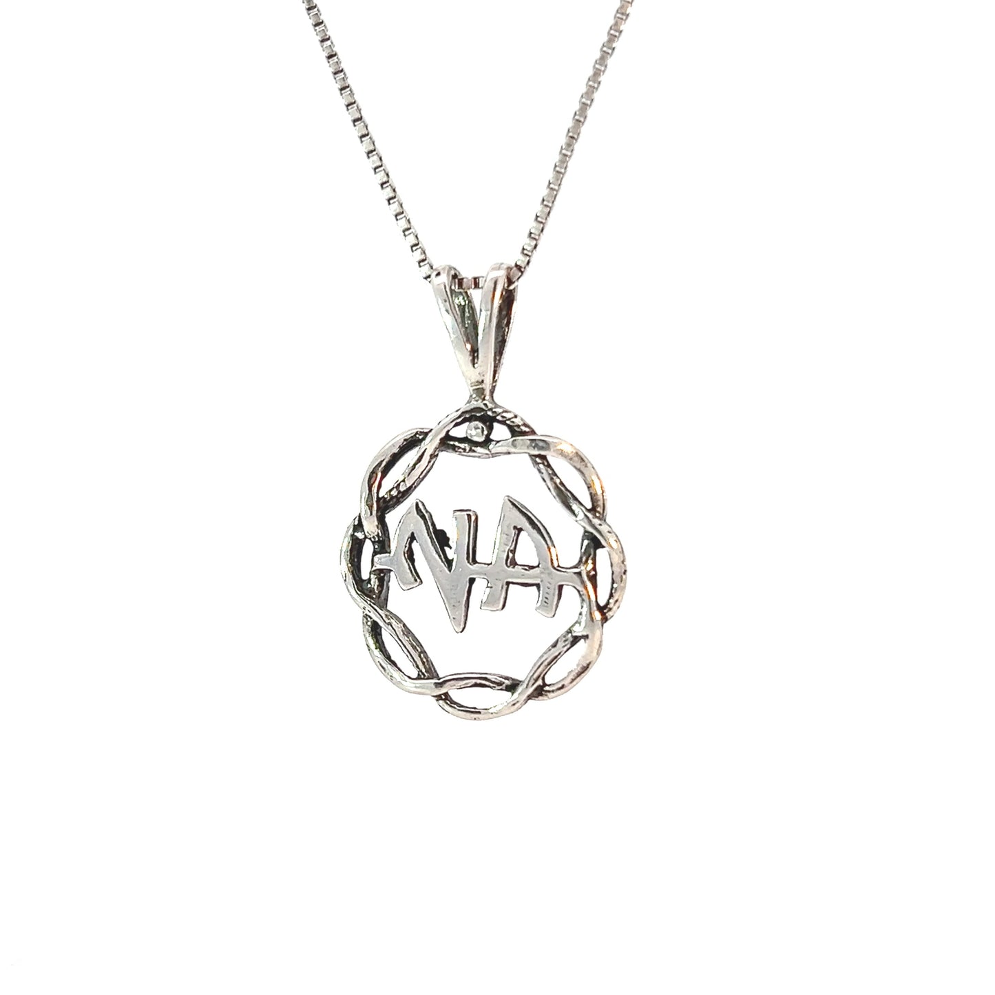 Sterling Silver Pendant, Narcotics Anonymous NA Initials in a Basket Weave Circle, Medium Size