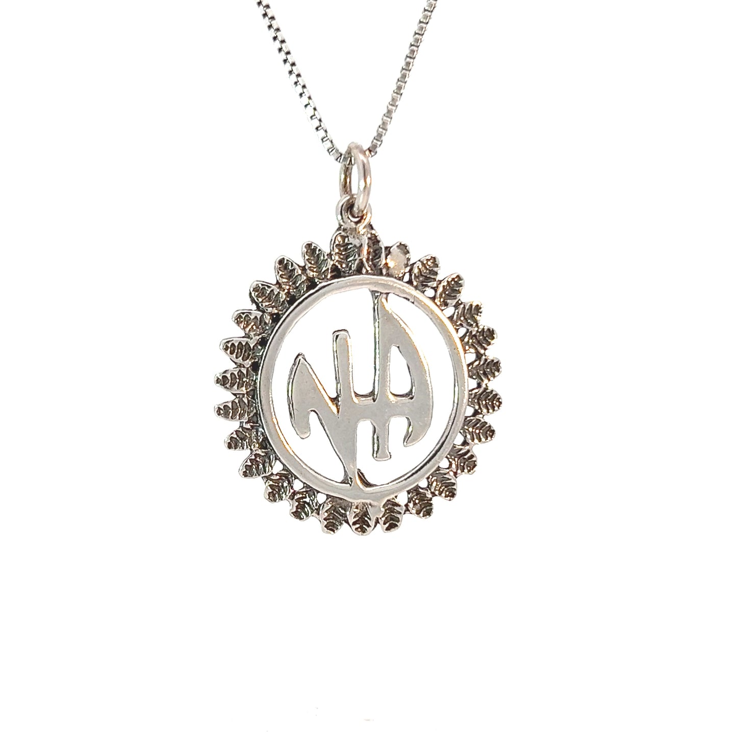 Sterling Silver Pendant, "Narcotics Anonymous" Initials in a Leaf Style Circle Medium Size