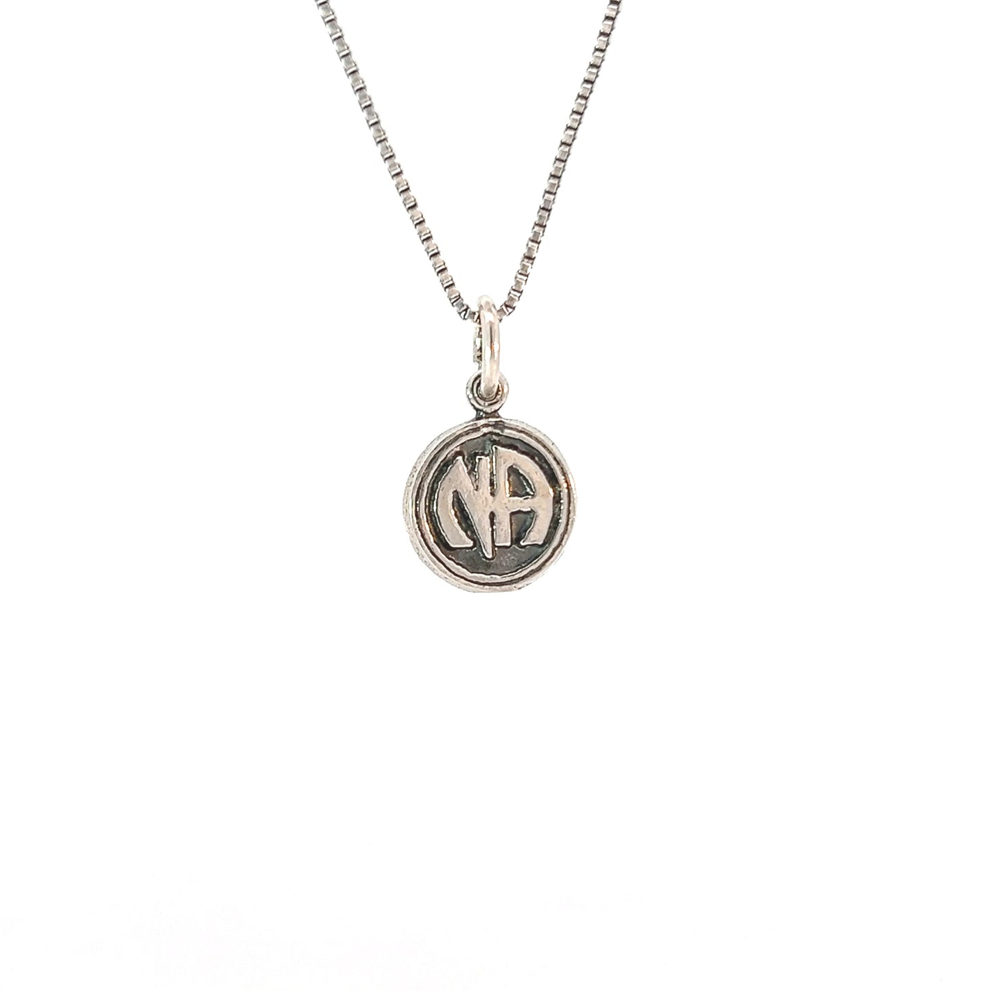 Sterling Silver Pendant, "Narcotics Anonymous" Initials in Solid Textured Coin Style Circle, Small Size
