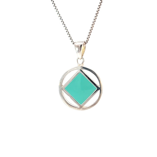 Sterling Silver Pendant, Narcotics Anonymous NA Symbol Square with Turquoise In Color Enamel Inlay, Medium Size