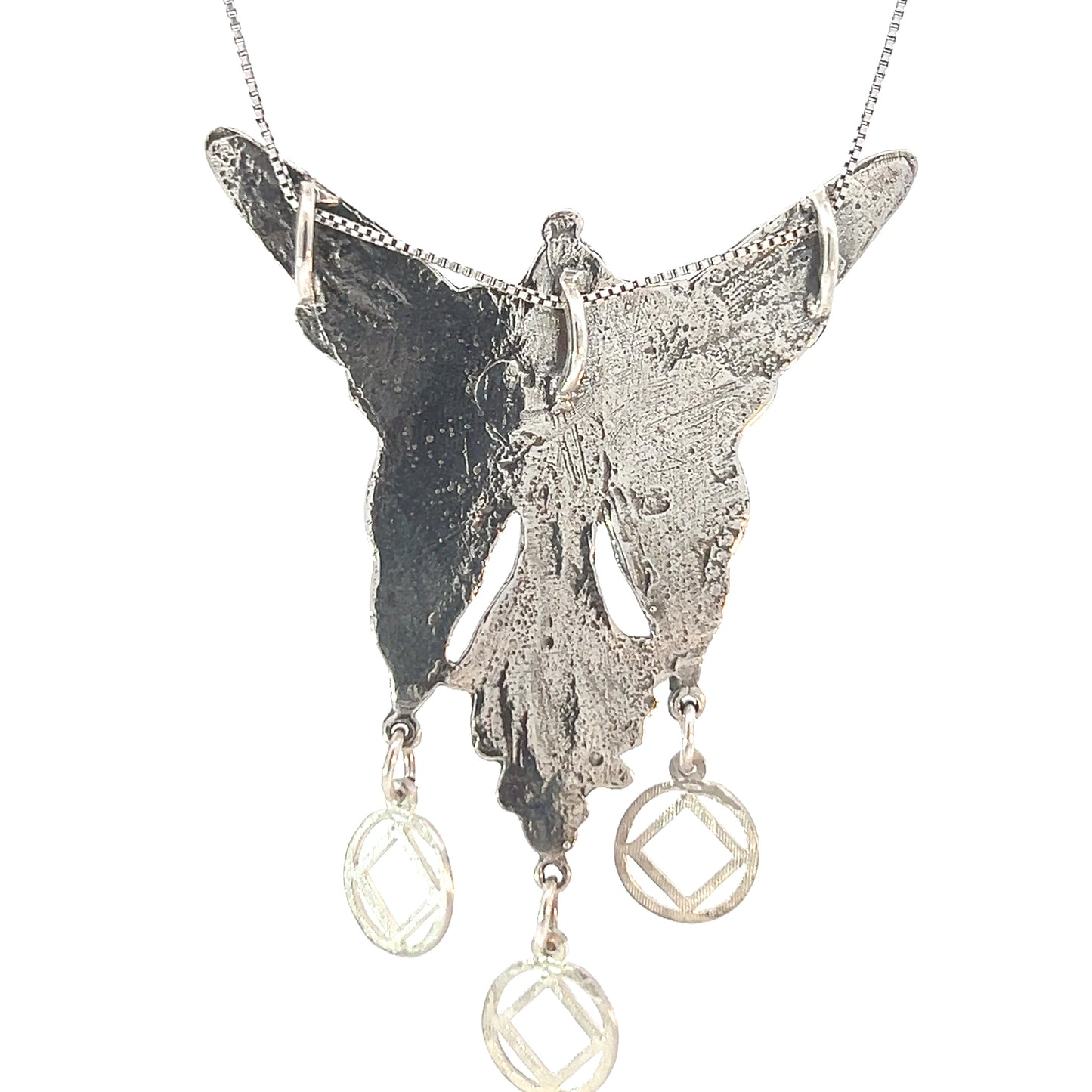 Sterling Silver Pendants, Beautiful Large Fairy with 3 Hanging Narcotics Anonymous NA Symbol