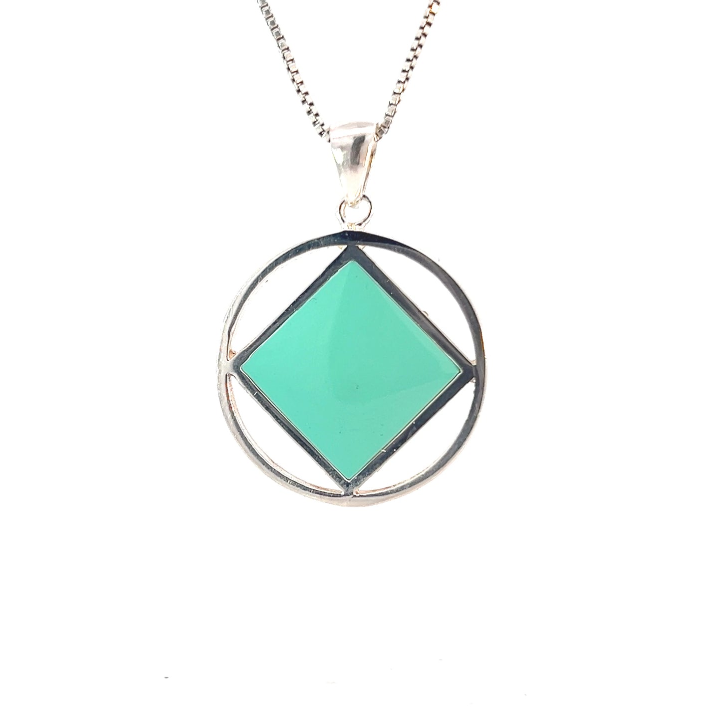 Sterling Silver Pendant, Narcotics Anonymous NA Symbol Square with Turquoise in Color Enamel Inlay, Large Size