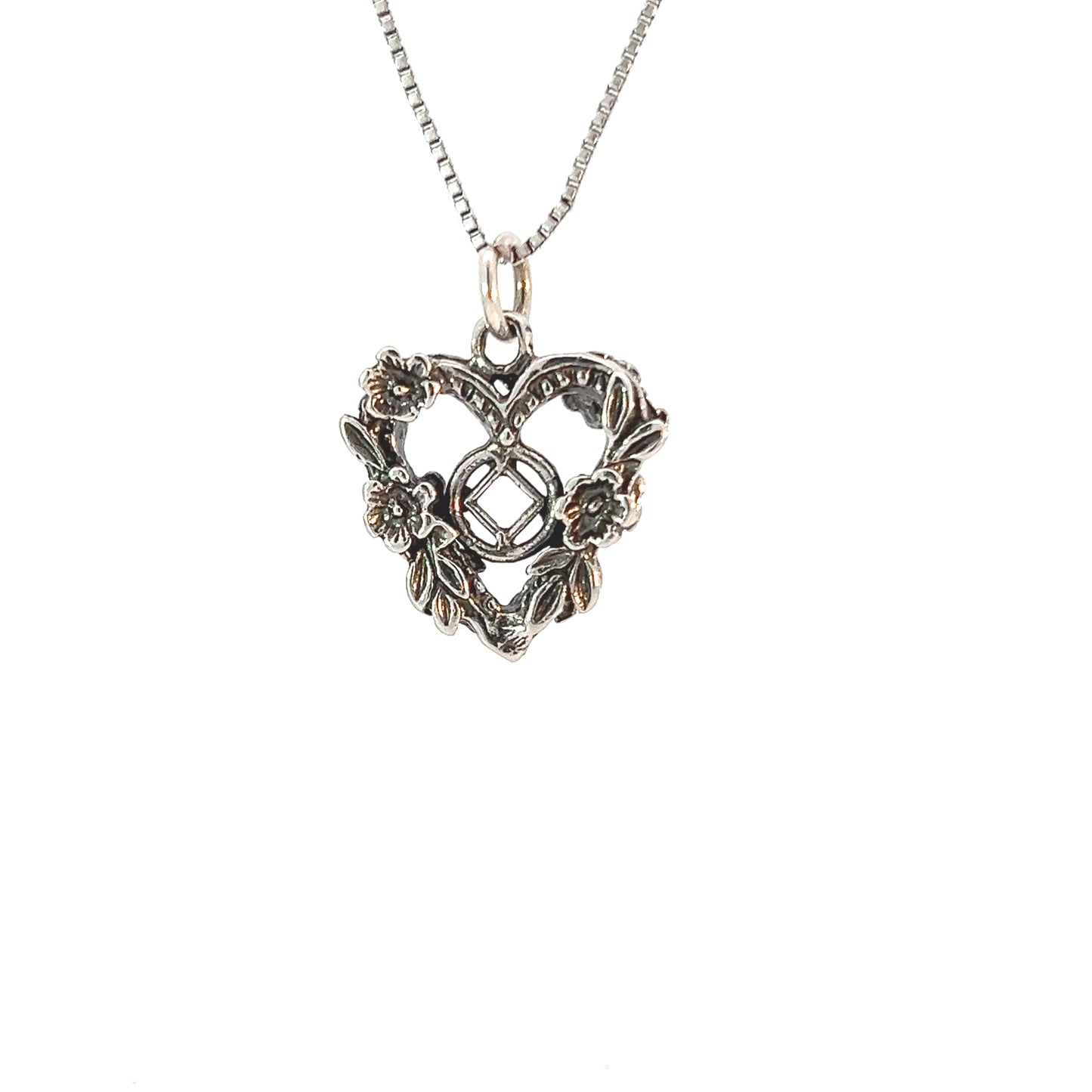 Sterling Silver Pendant, Narcotics Anonymous NA Symbol in the Center of a Open 2 Sided Heart with Flowers