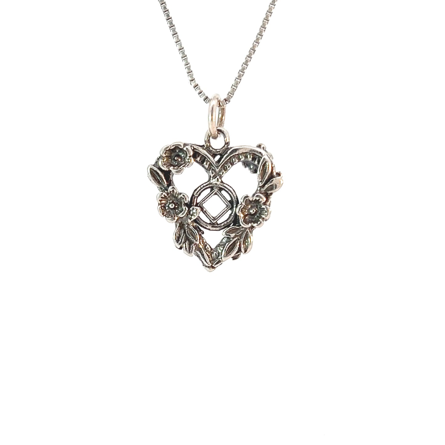Sterling Silver Pendant, Narcotics Anonymous NA Symbol in the Center of a Open 2 Sided Heart with Flowers