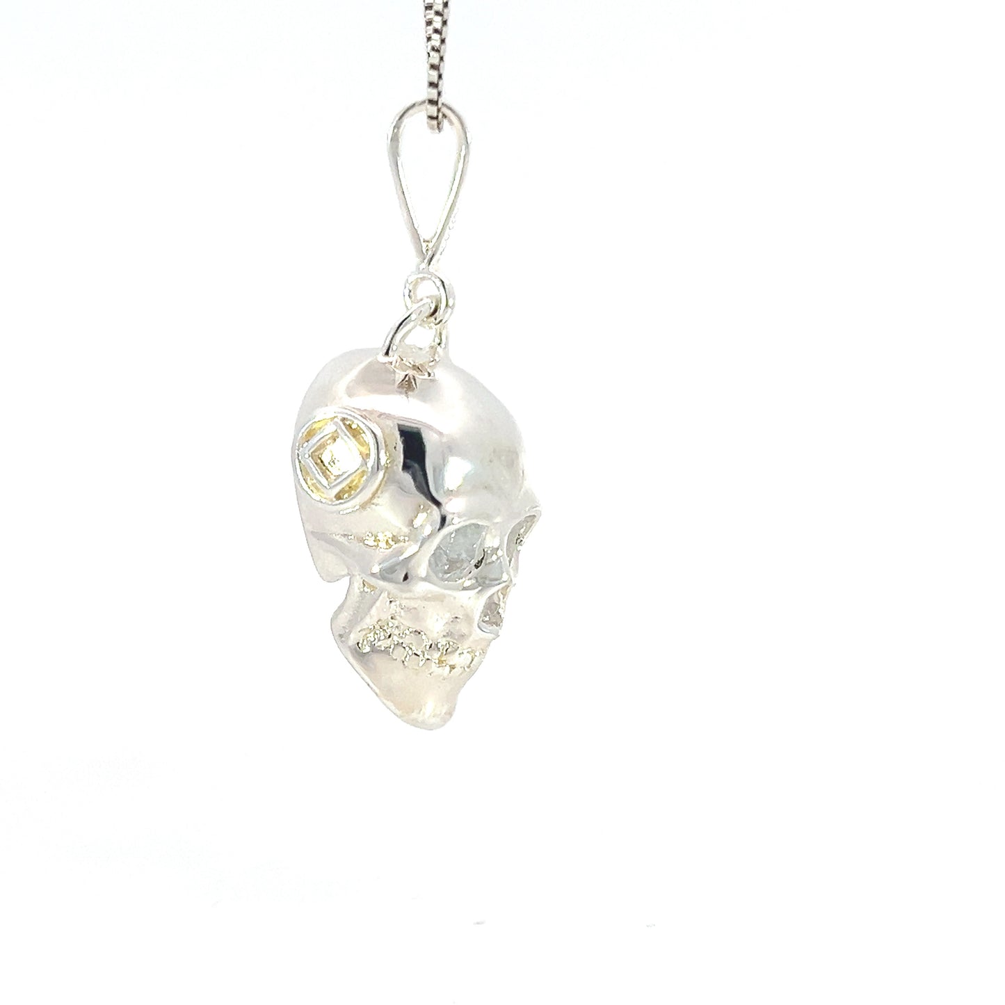 Sterling Silver Pendant, 3d Skull with Narcotics Anonymous NA Symbol in a Small Smooth Wire Circle on Both Sides
