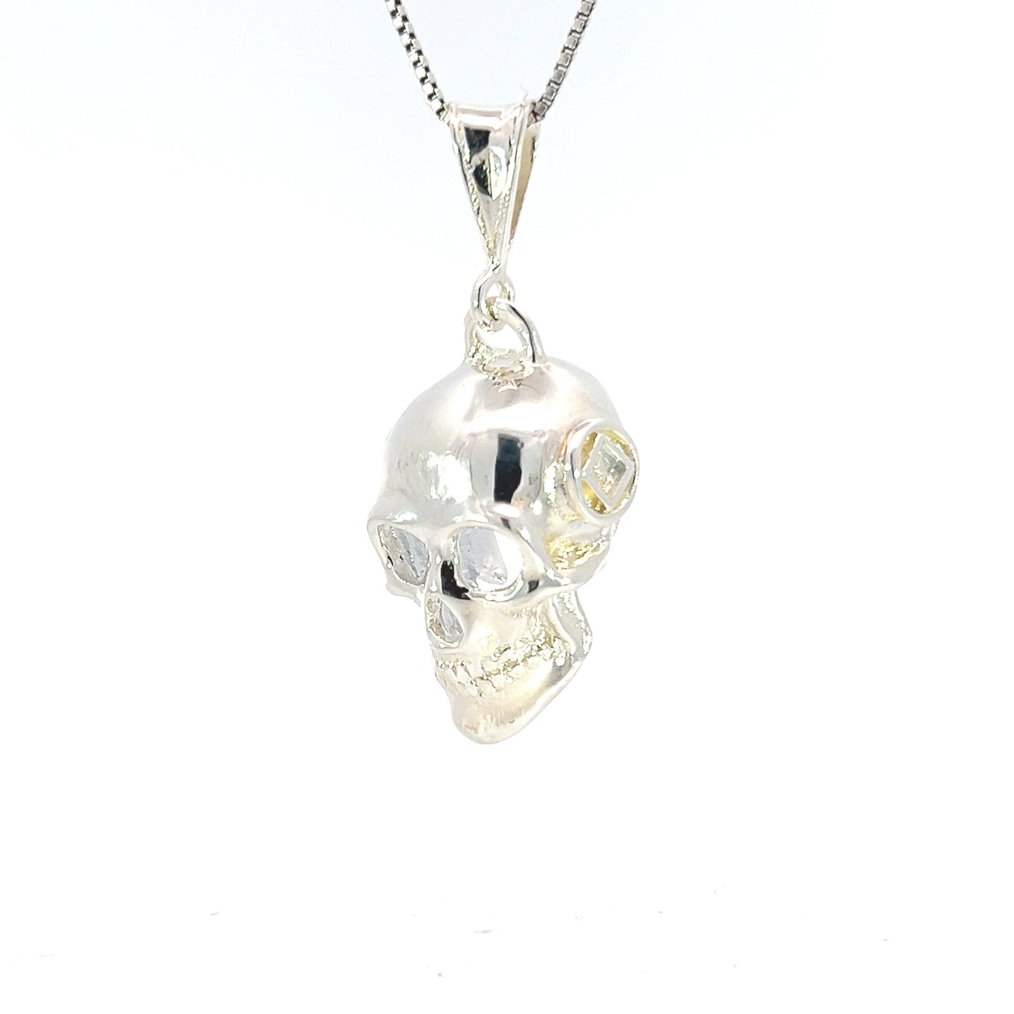 Sterling Silver Pendant, 3d Skull with Narcotics Anonymous NA Symbol in a Small Smooth Wire Circle on Both Sides