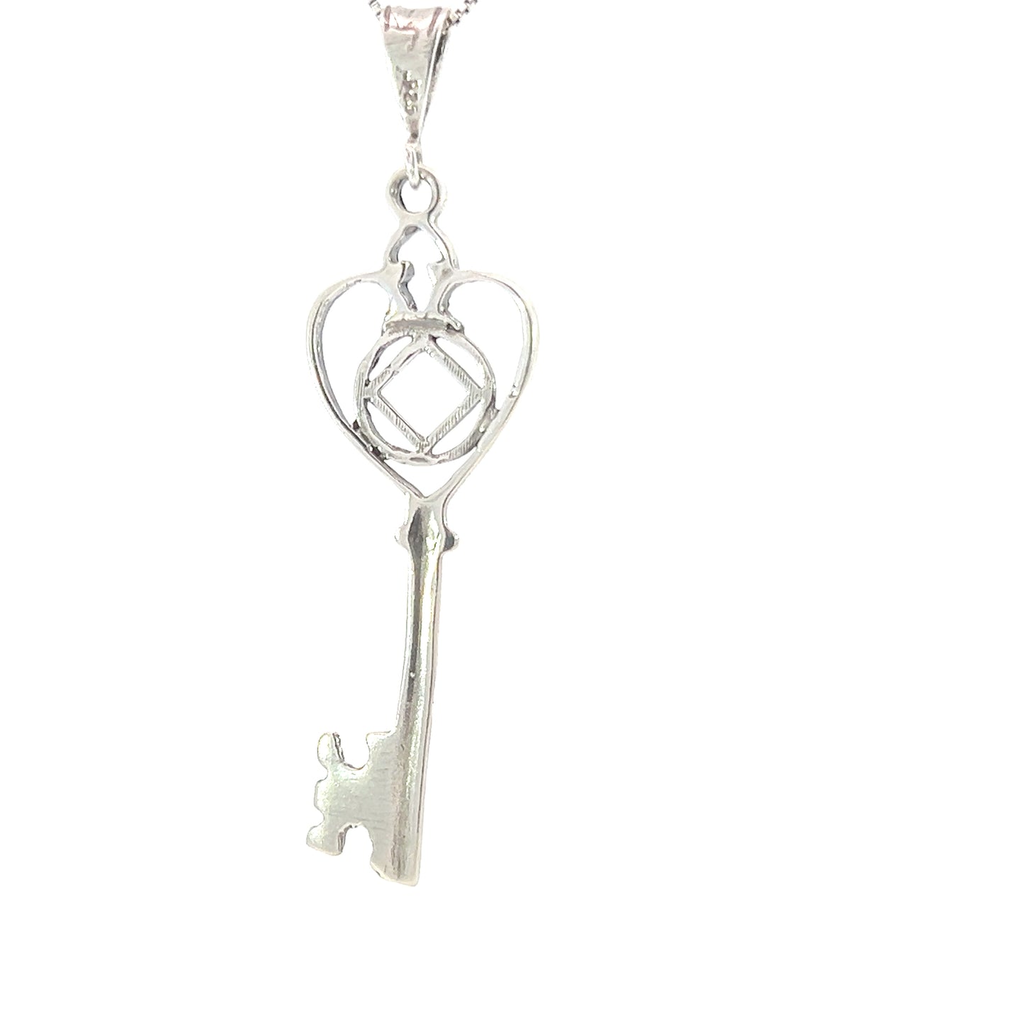 Sterling Silver Pendant, Old Style Heart Shaped Key with Narcotics Anonymous NA Symbol, Large Size