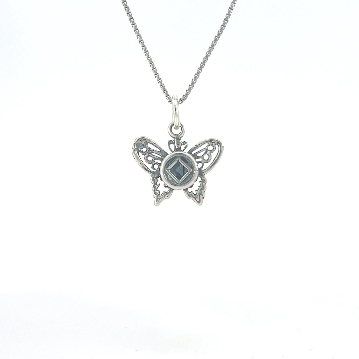 Set of Small Narcotics Anonymous NA Symbol #979 Butterfly Pendant with #213 Light Box Chain,Chain Available in 3 Different Lengths