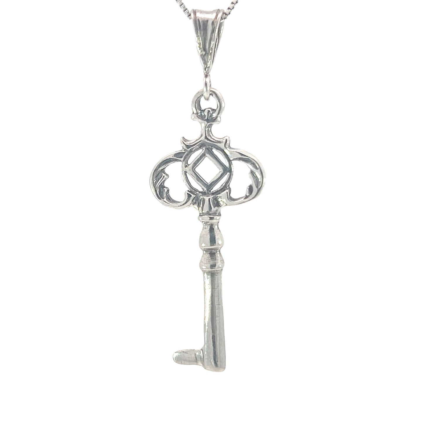 Sterling Silver Pendant, Two Sided Old Style Key with Narcotics Anonymous NA Symbol, Medium Size