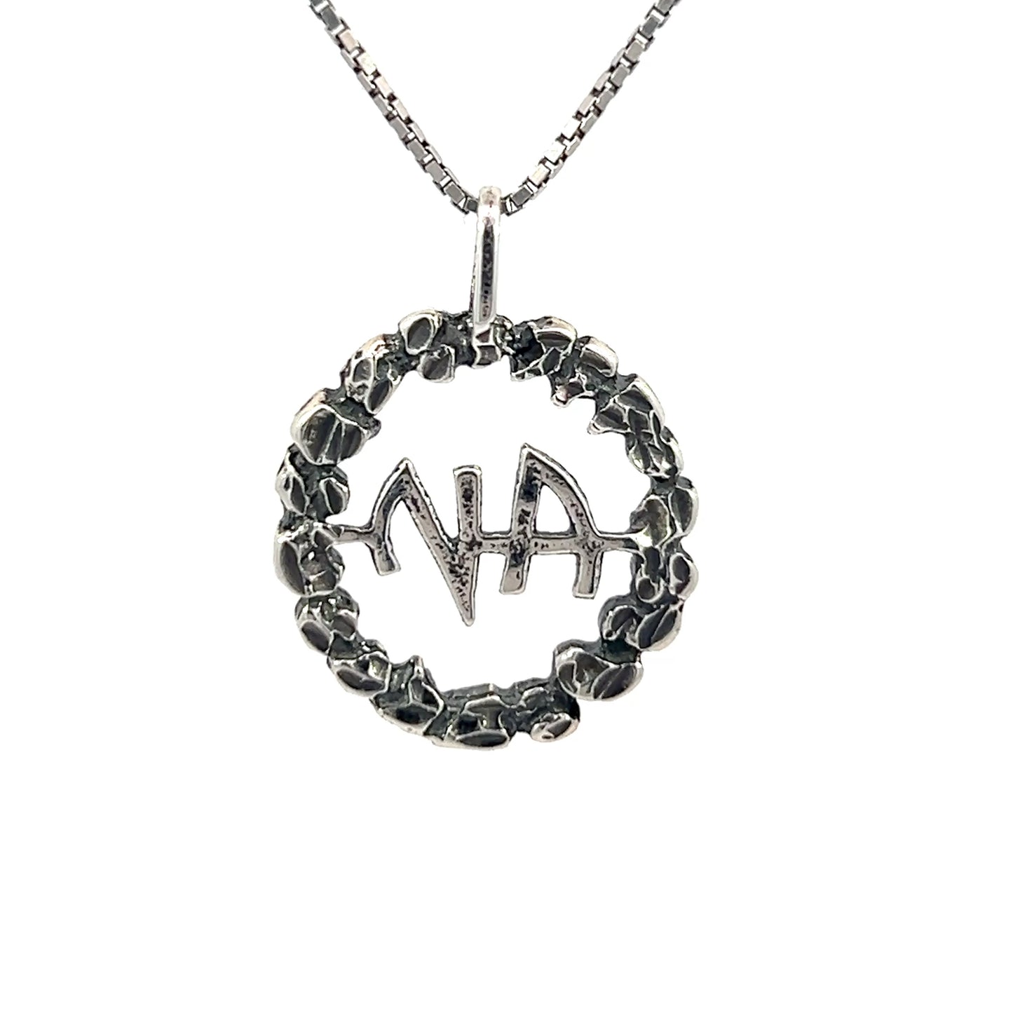 Sterling Silver Pendant, Narcotics Anonymous NA Initials in a Nugget Style Circle Medium Size