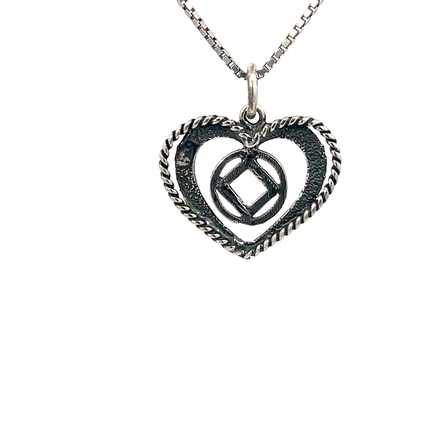 Sterling Silver, Heart Pendant with Narcotics Anonymous NA Symbol, Medium Size