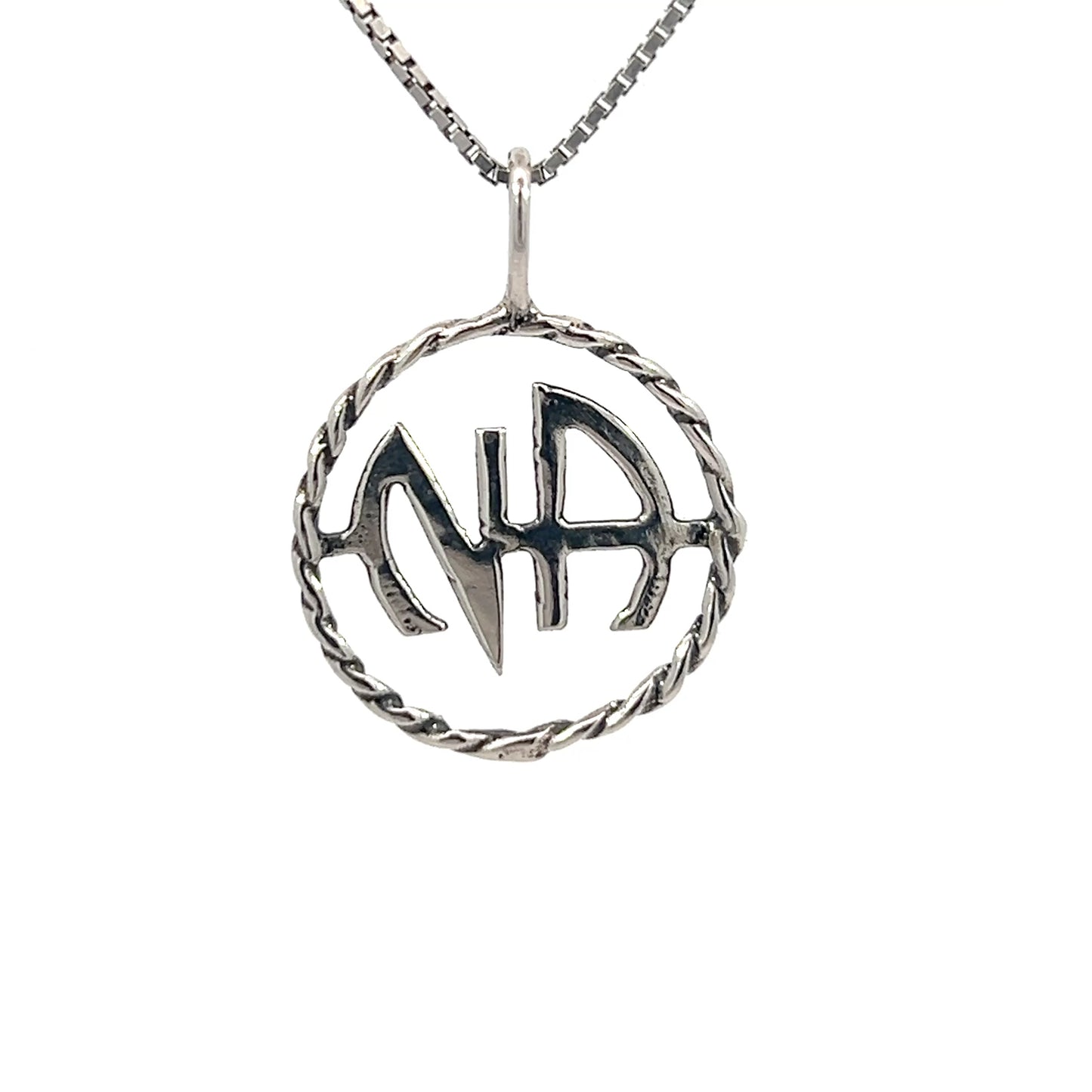 Sterling Silver Pendant, Narcotics Anonymous NA Initials in a Twist Wire Style Circle Medium Size