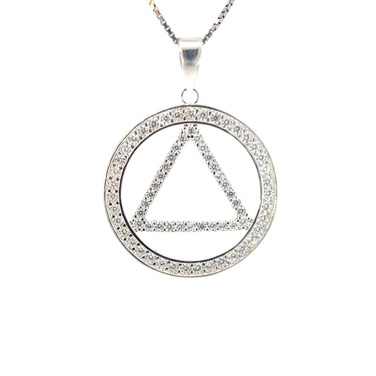 Sterling Silver AA Symbol Pendant – Large Circle Triangle with CZ Accents