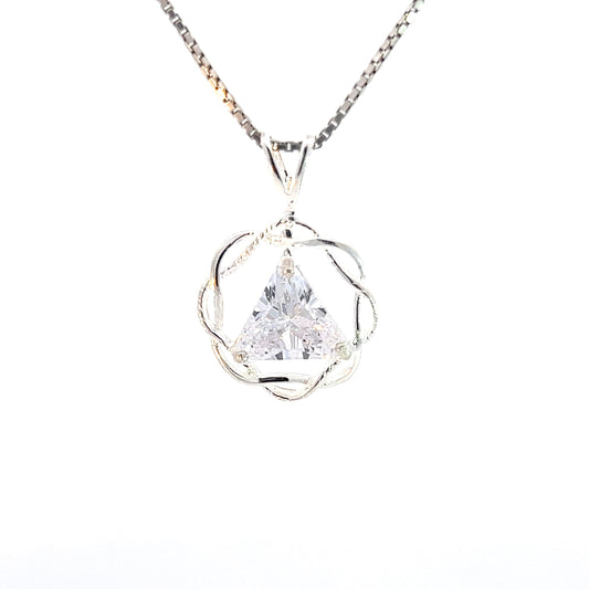 Flat Triangle in Basket Weave Circle with Birthstone – Sterling Silver AA Recovery Pendant