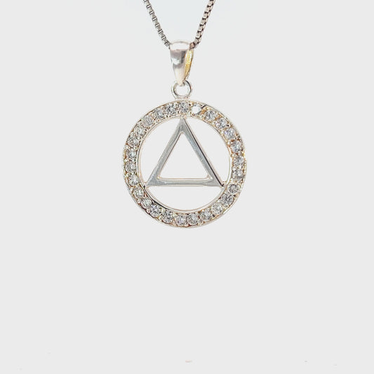 Alcoholics Anonymous (AA) Symbol Pendant in a Circle of Crystals – Sterling Silver Recovery Jewelry