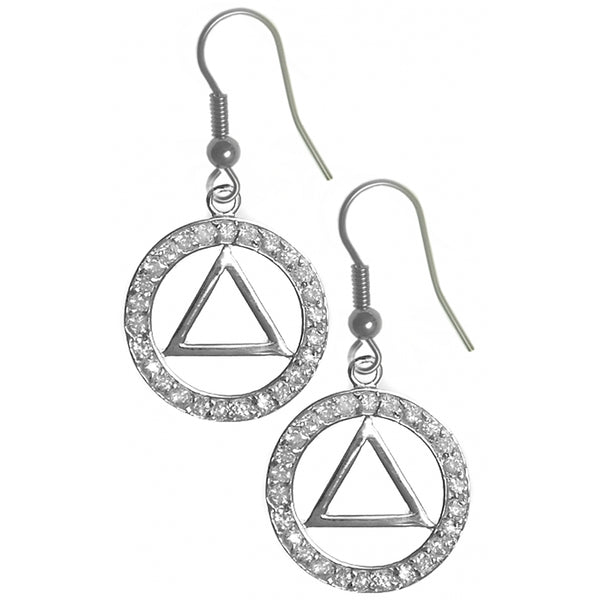 Sterling Silver Earrings, Alcoholics Anonymous AA Symbol in a Circle of 26 CZ's