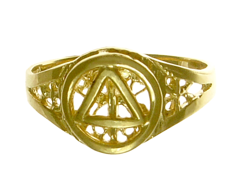 14k Gold, Ring with Alcoholics Anonymous AA Symbol on a Filigree Style Band
