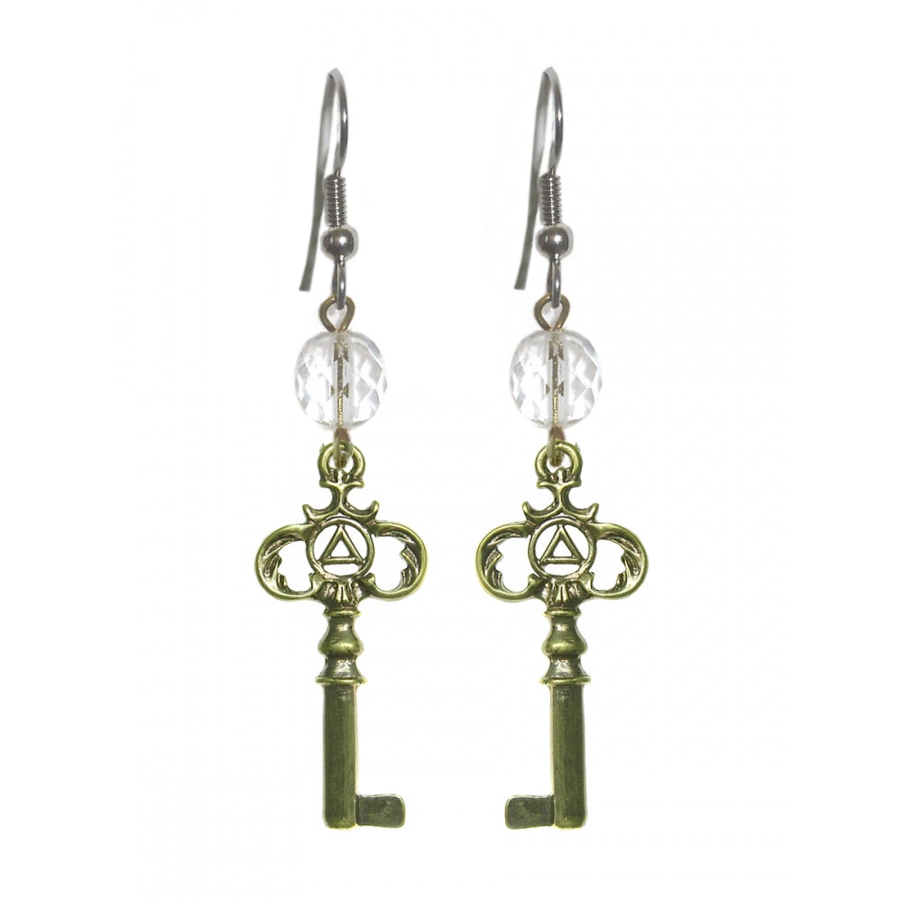 Beaded Earrings Alcoholics Anonymous AA Symbol Antique Brass Finish Two Sided Old Style Key