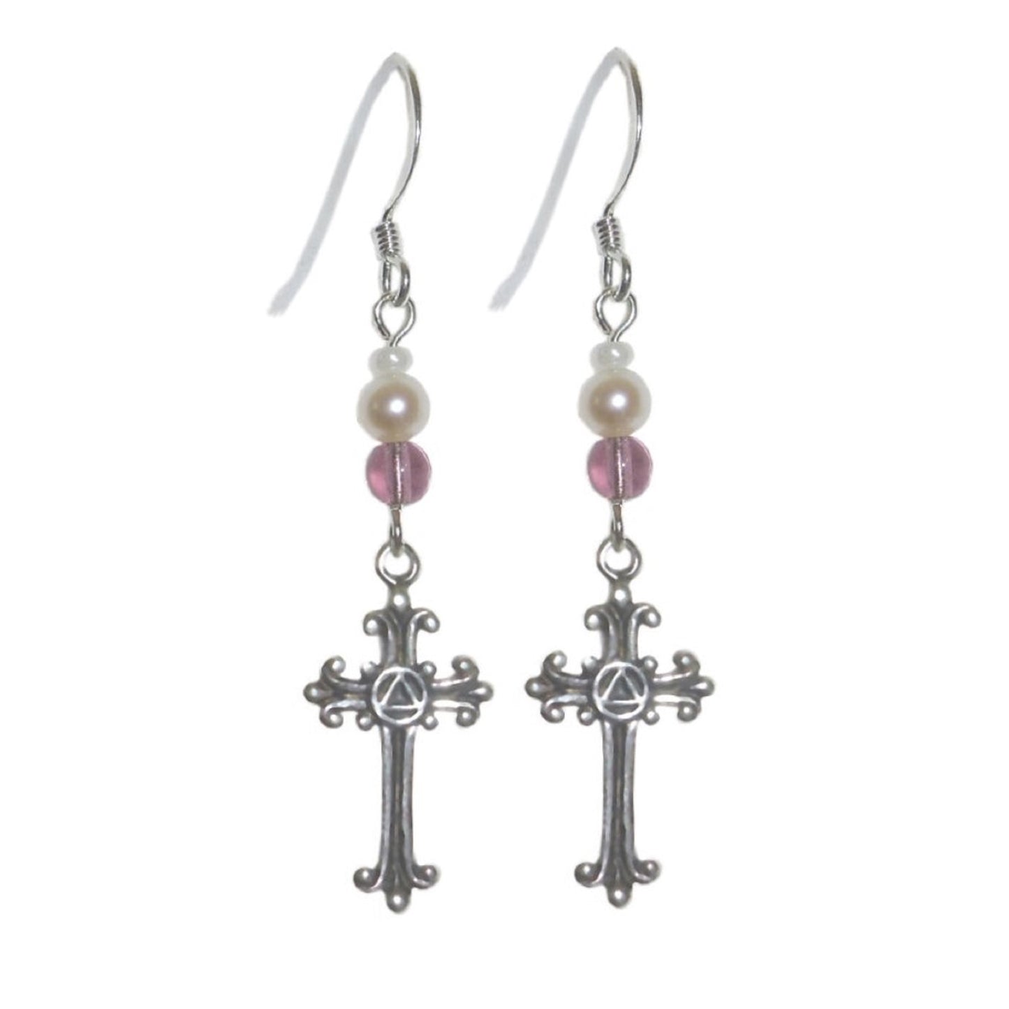 Earrings Alcoholics Anonymous AA Circle Triangle Symbol on a Small Lovely Cross