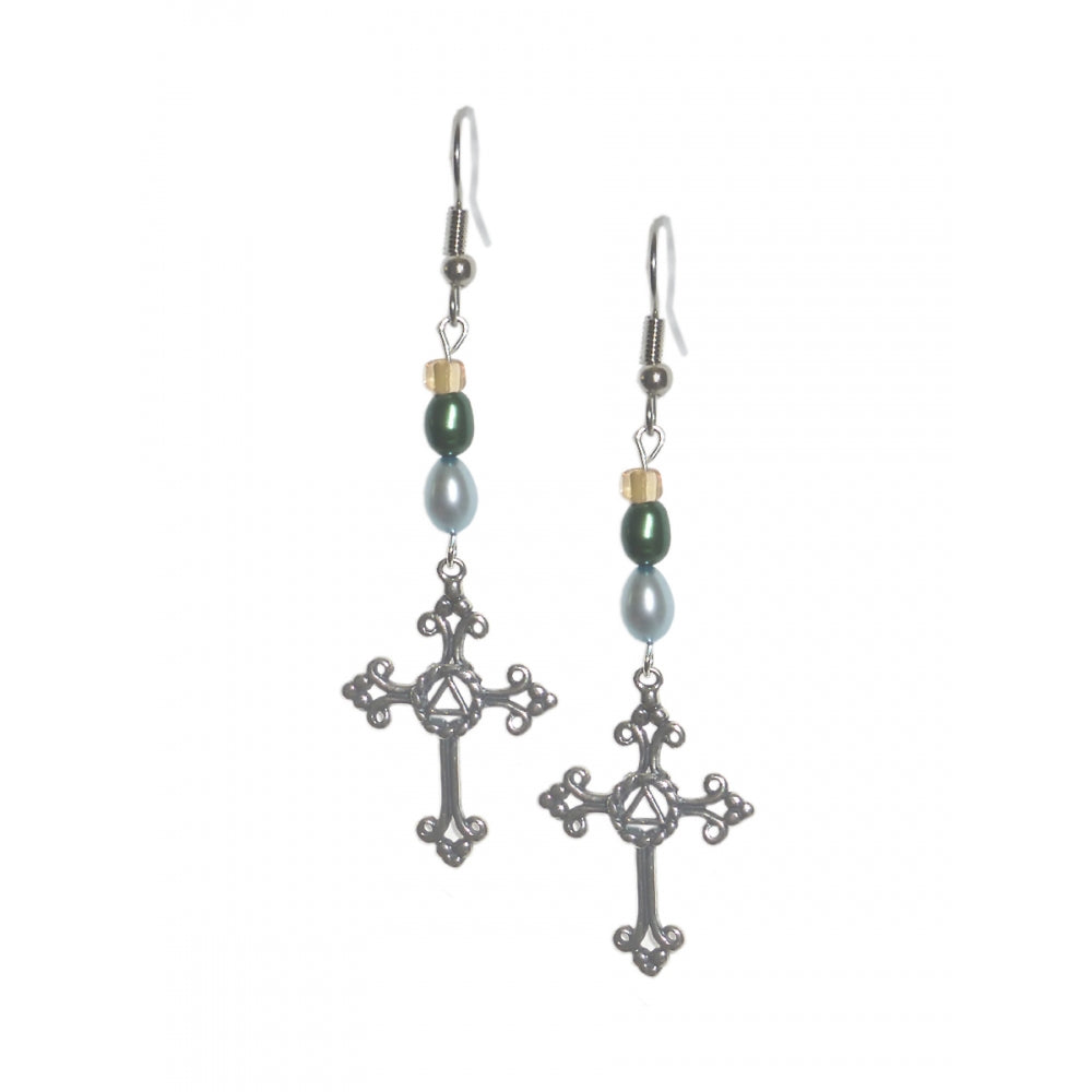 Beaded Earrings Alcoholics Anonymous AA Symbol on a Medium Size Lovely Cross