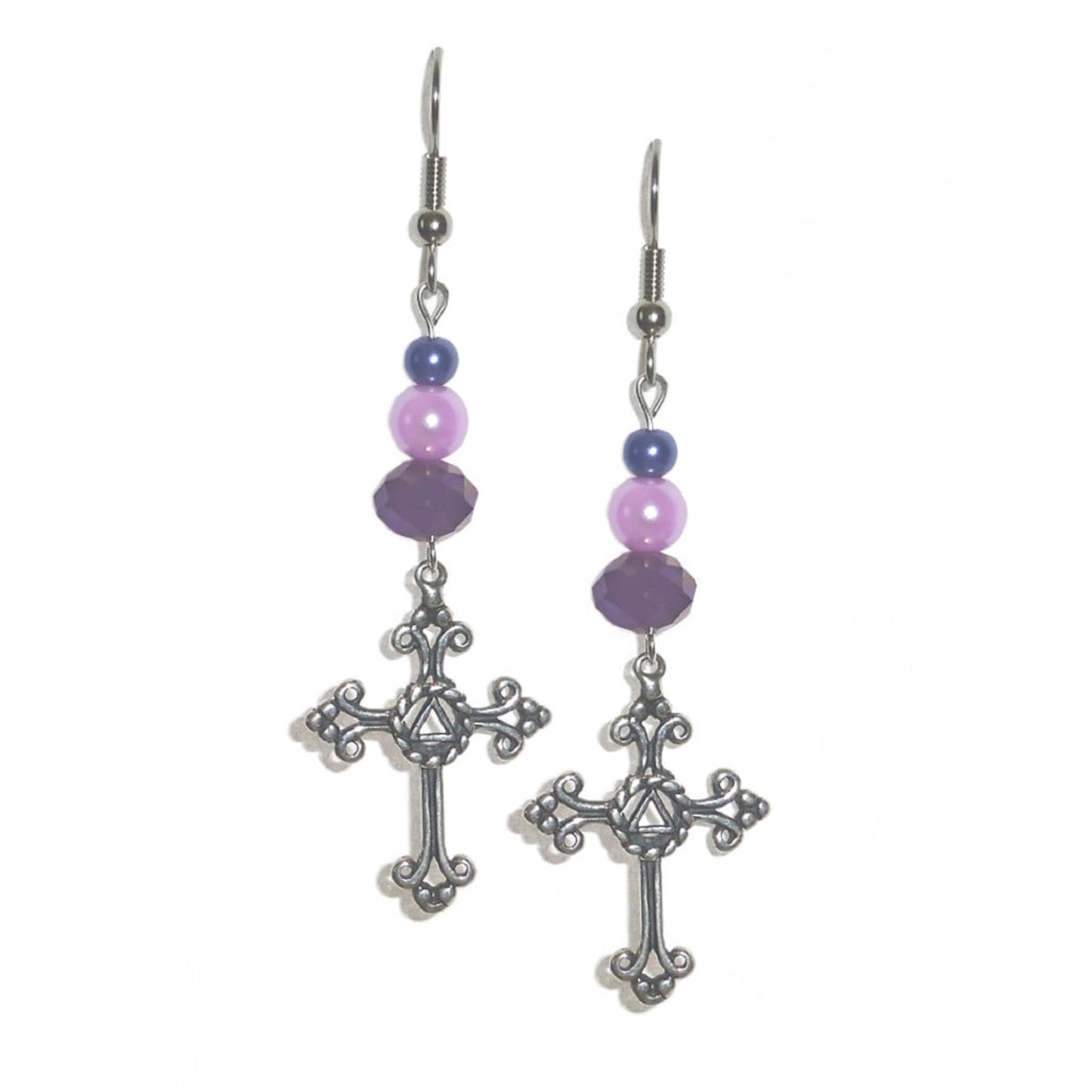 Beaded Earrings Alcoholics Anonymous AA Symbol on a Medium Size Lovely Cross