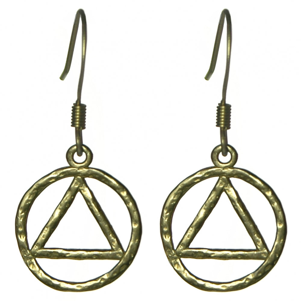 Brass, Alcoholics Anonymous AA Symbol Hammered Style Earrings