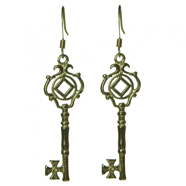 Brass Earrings, Small Narcotics Anonymous NA Symbol Inside Antique Style Key