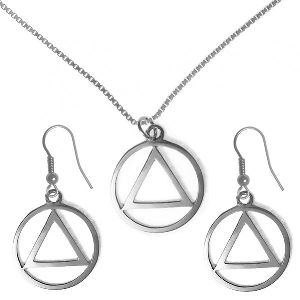 Set of Small Alcoholics Anonymous AA Symbol #04 Pendant with #212 Medium Box Chain and #1032 Earrings, Chain Available in 3 Different Lengths
