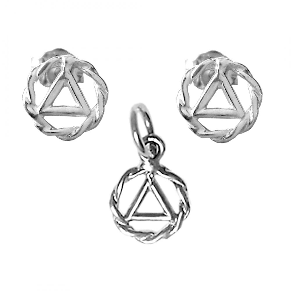 Set of a Very Small Alcoholics Anonymous AA Symbol Pendant #330 with Matching Stud Earrings #340