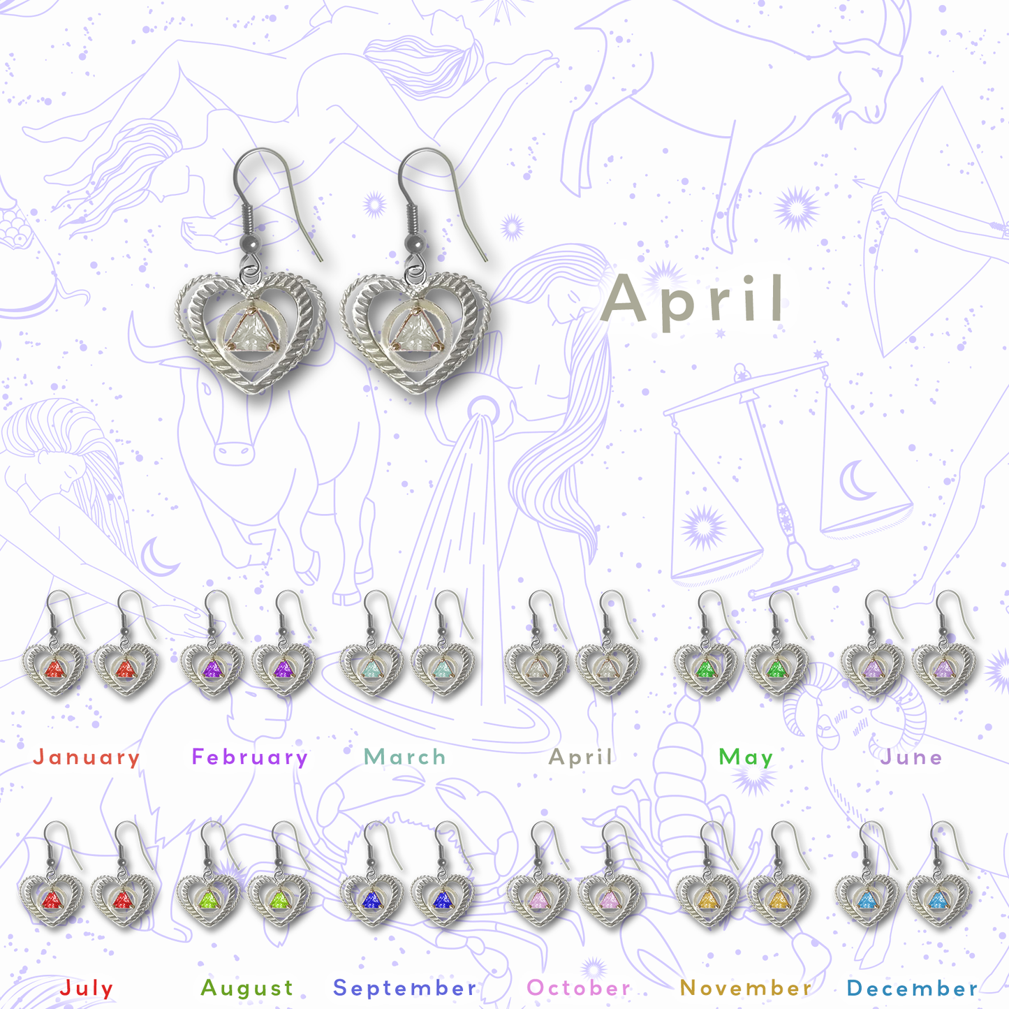Sterling Silver Earrings, Alcoholics Anonymous AA Symbol Heart, Available in 12 Different 5mm Cubic Zirconia Triangle Birthstones