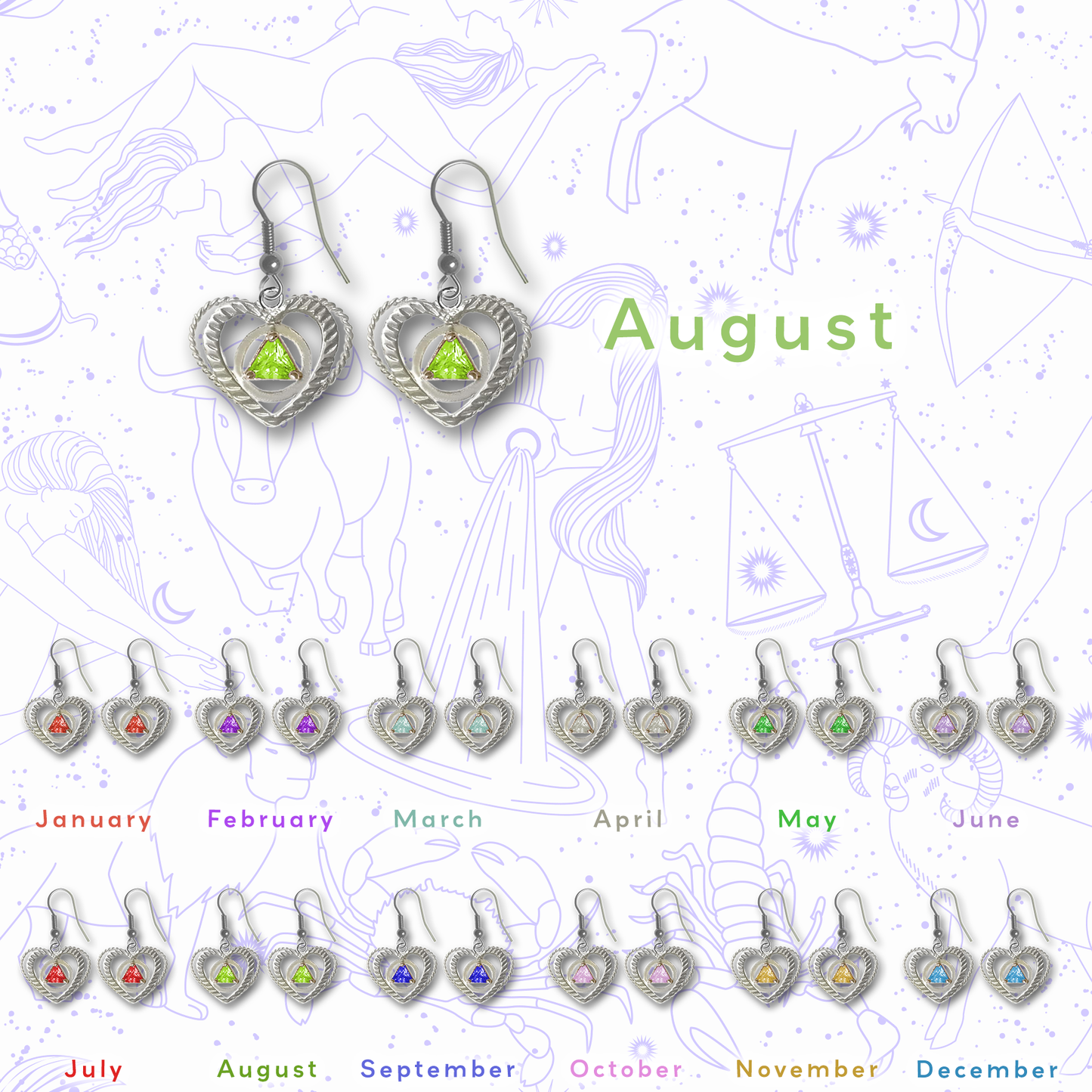 Sterling Silver Earrings, Alcoholics Anonymous AA Symbol Heart, Available in 12 Different 5mm Cubic Zirconia Triangle Birthstones
