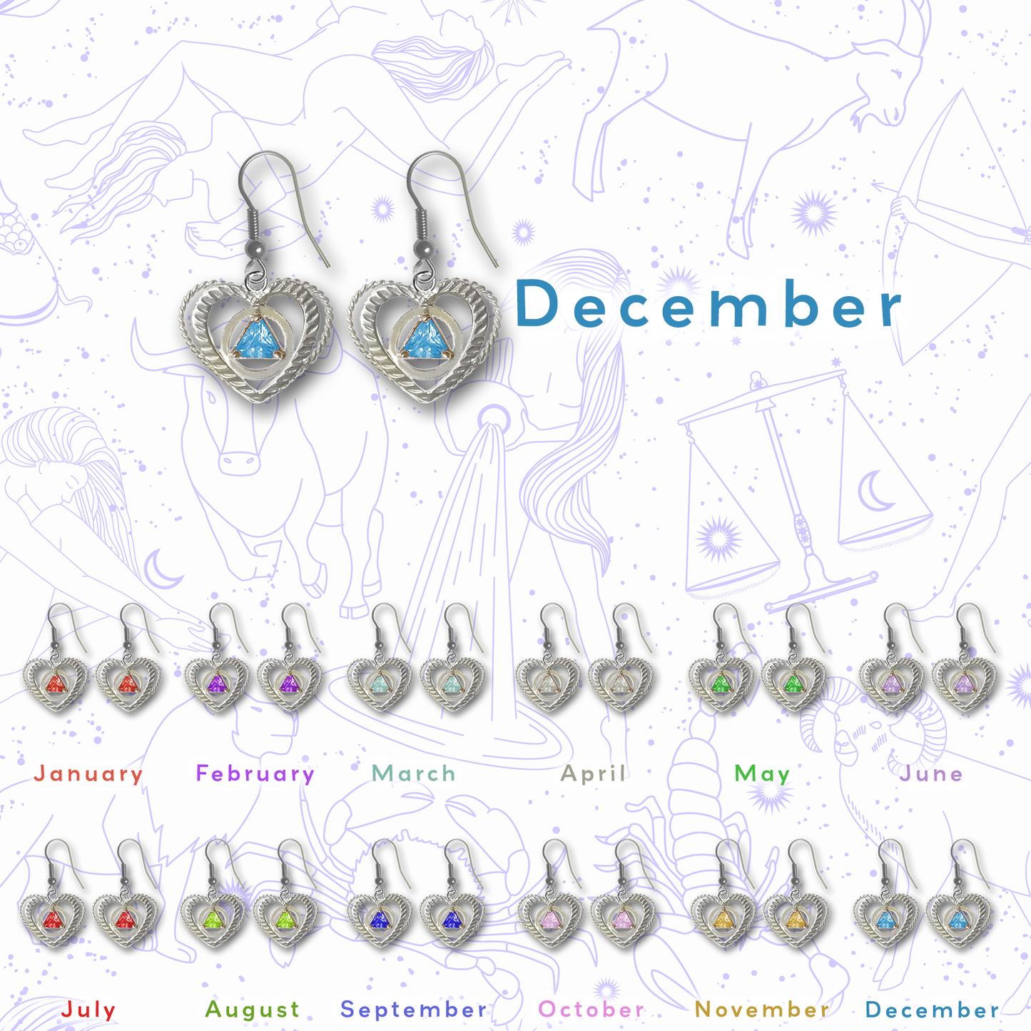 Sterling Silver Earrings, Alcoholics Anonymous AA Symbol Heart, Available in 12 Different 5mm Cubic Zirconia Triangle Birthstones