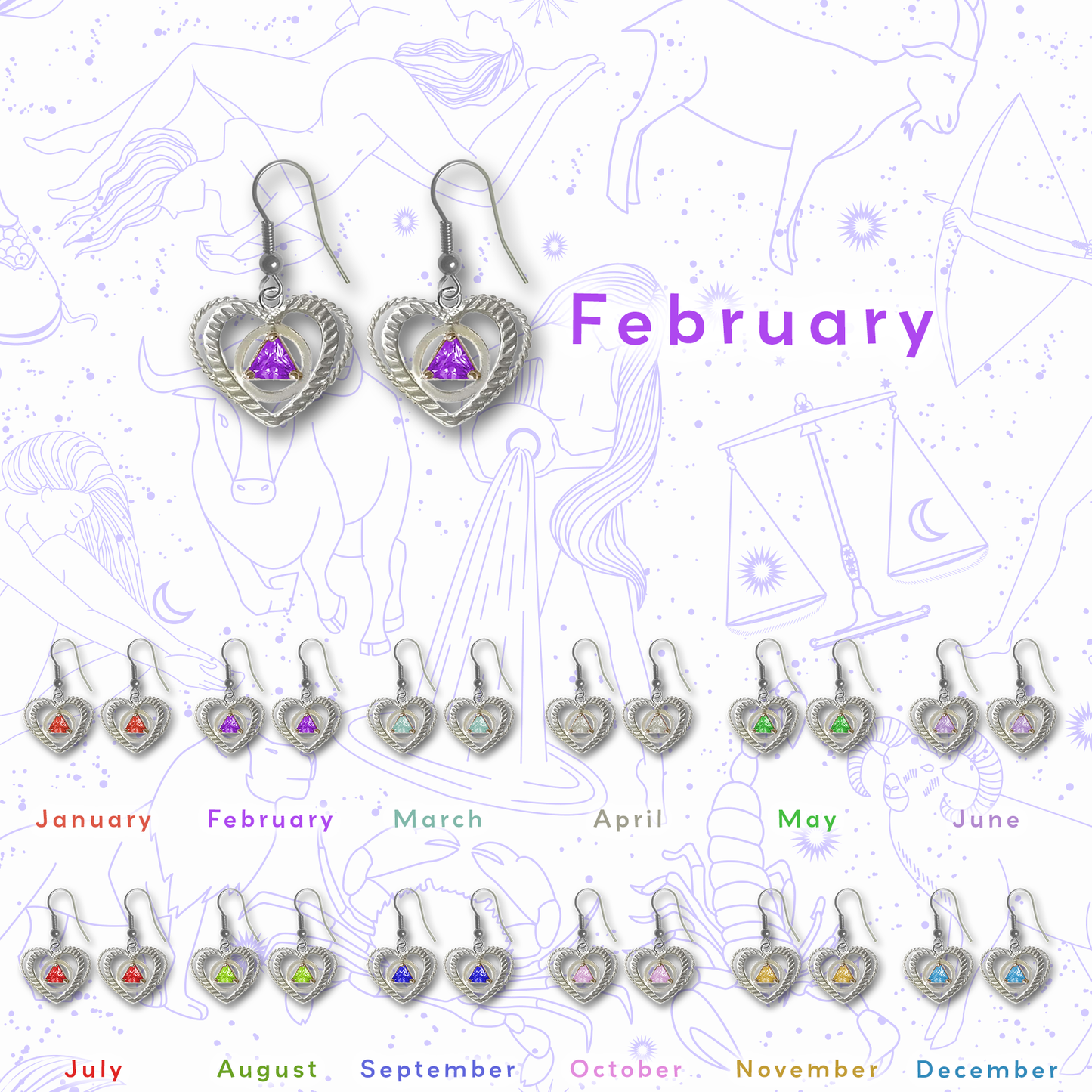 Sterling Silver Earrings, Alcoholics Anonymous AA Symbol Heart, Available in 12 Different 5mm Cubic Zirconia Triangle Birthstones