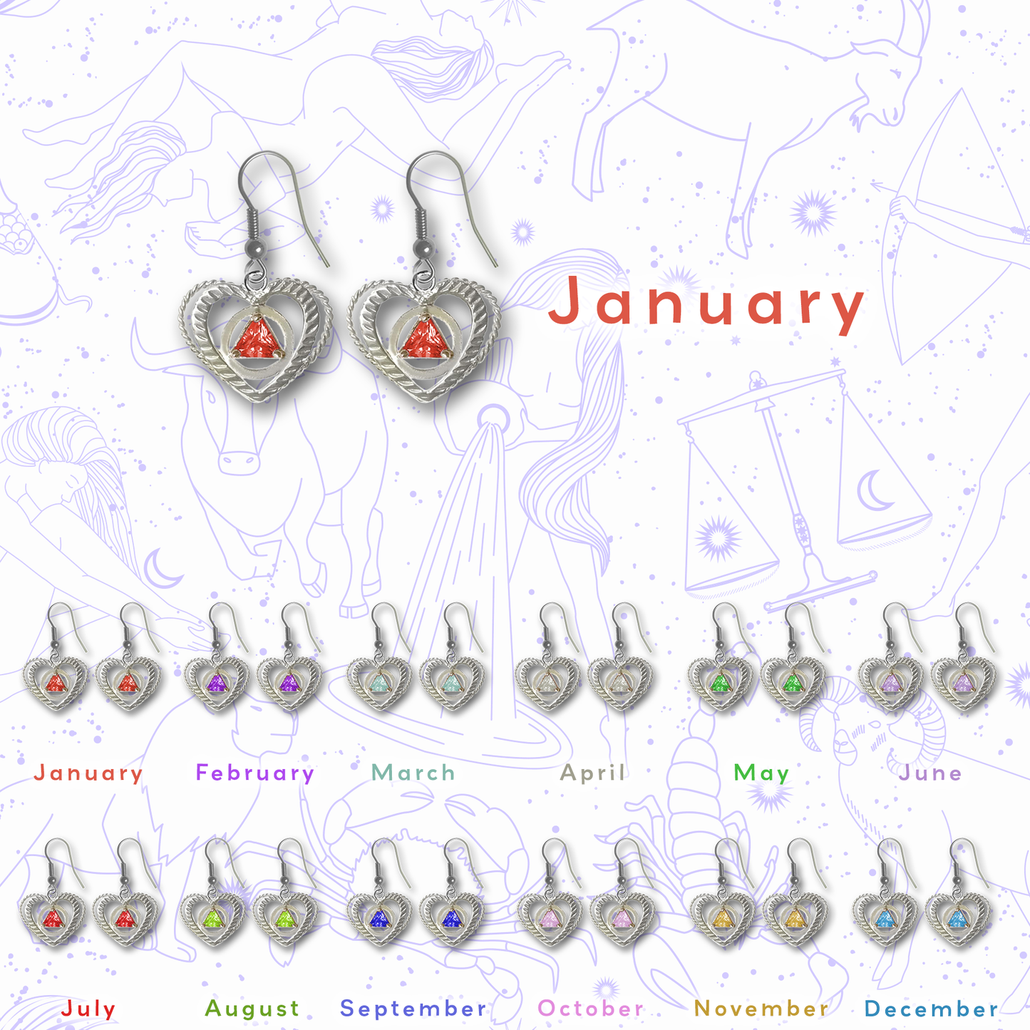 Sterling Silver Earrings, Alcoholics Anonymous AA Symbol Heart, Available in 12 Different 5mm Cubic Zirconia Triangle Birthstones