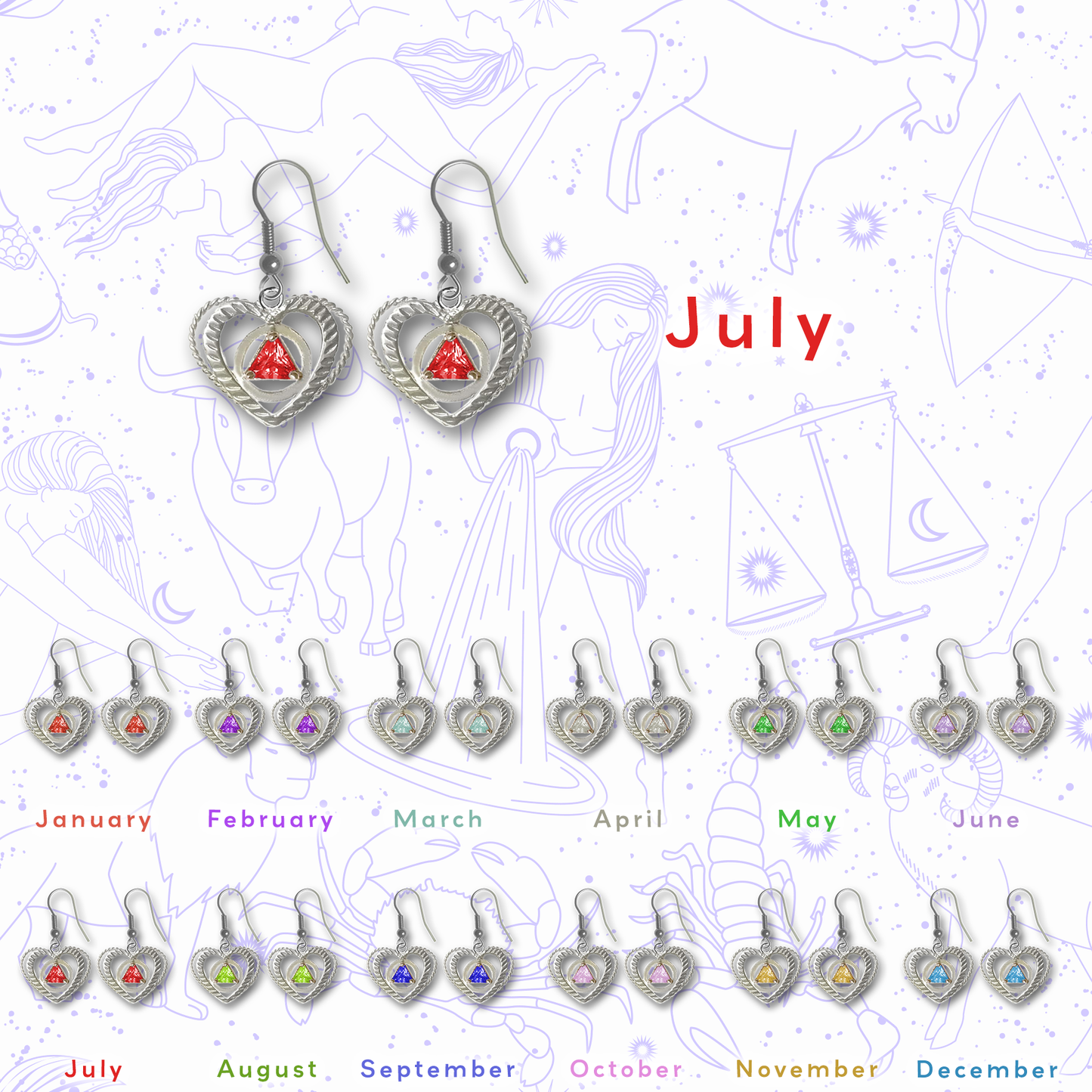 Sterling Silver Earrings, Alcoholics Anonymous AA Symbol Heart, Available in 12 Different 5mm Cubic Zirconia Triangle Birthstones