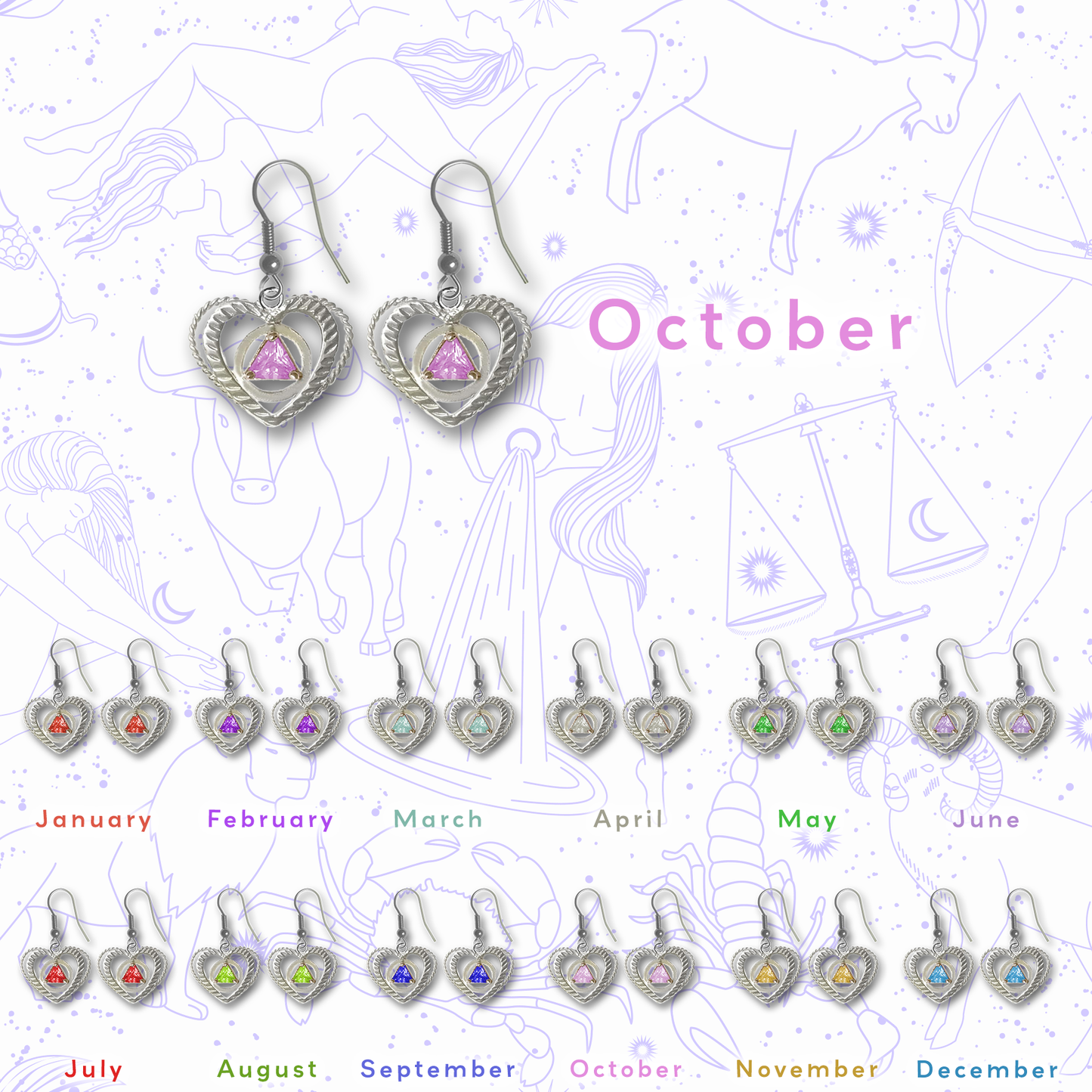 Sterling Silver Earrings, Alcoholics Anonymous AA Symbol Heart, Available in 12 Different 5mm Cubic Zirconia Triangle Birthstones
