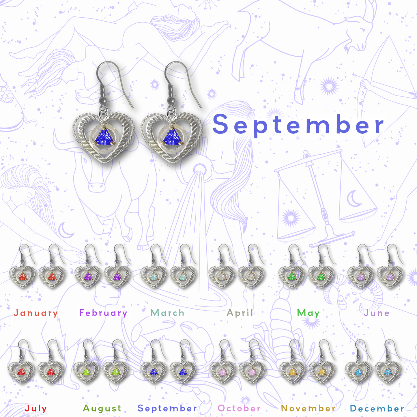 Sterling Silver Earrings, Alcoholics Anonymous AA Symbol Heart, Available in 12 Different 5mm Cubic Zirconia Triangle Birthstones