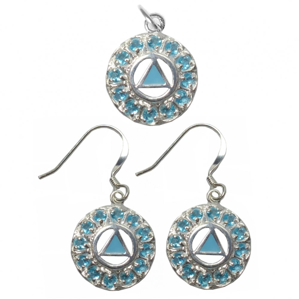 Set of Alcoholics Anonymous AA Symbol #961 Baby Blue Enamel Pendant with Matching #965 Baby Blue Enamel Earrings, Circle of 12 Baby Blue Cubic Zirconia's