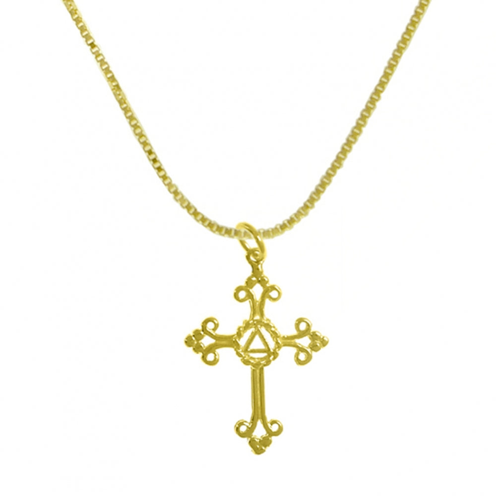 Set of Alcoholics Anonymous AA Symbol #992 Cross Pendant with #213 Light Box Chain, 14k Gold,Chain Available in 3 Different Lengths