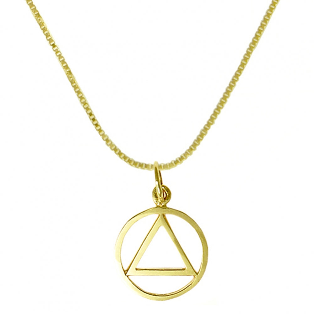 Set of Alcoholics Anonymous AA Symbol Pendant with Light Box Chain, 14k Gold, Chain Available in 3 Different Lengths