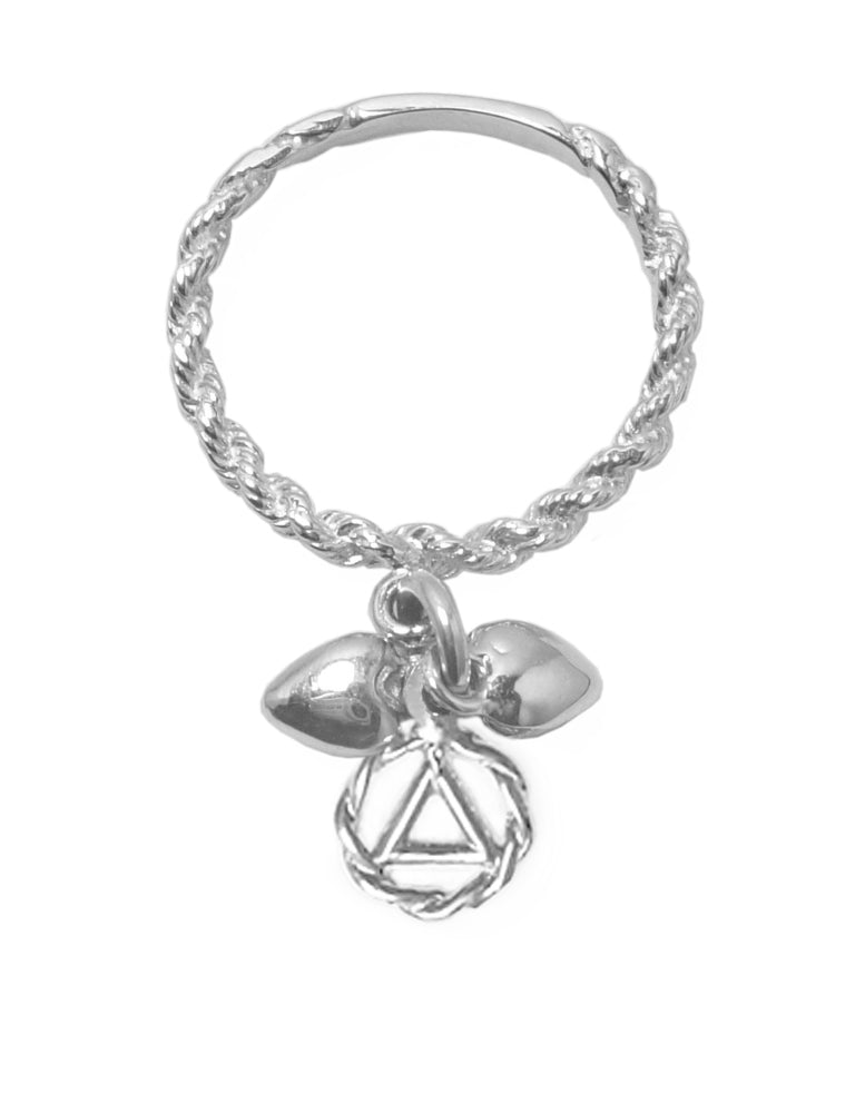 Sterling Silver Dangle Ring, Twist Wire Style with a small Alcoholics Anonymous AA Circle Triangle Charm and 2 Hearts